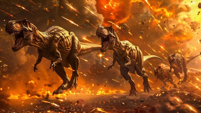 illustration of the extinction of dinosaurs in pre-history, meteors, natural disasters, destruction