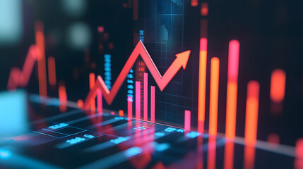 A rising red arrow on a digital financial chart, indicating growth..