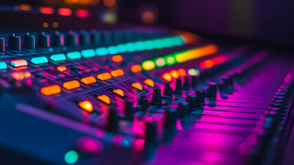 Fototapeta premium Vibrant soundboard with glowing colorful lights in a dimly lit studio..