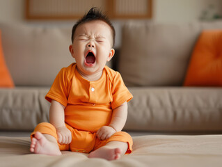 A close-up portrait of a baby sitting on a couch wearing an orange jumpsuit, with his mouth open and a cute expression.