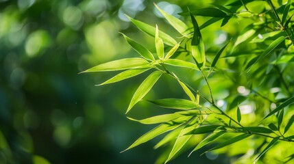 Fototapeta premium Selective focus Stunning view of defocused bamboo forest during a sunny day. Natural, green background with copy space.