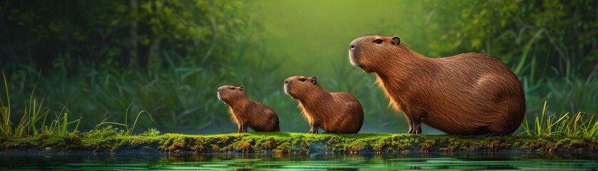 Fototapeta premium Capybara family on Amazon riverbank, soft fur detail, photorealistic, lush green background, gentle lighting