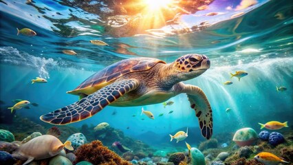 Obraz premium A turtle swimming in a polluted ocean filled with plastic waste , turtle, ocean, pollution, plastic, waste
