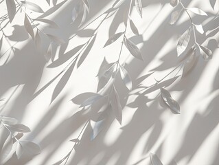 Creating soft and intricate leaf shadows on a white background, emphasizing the use of light and shadow to evoke a serene and natural atmosphere, blending simplicity and complexity through the pattern