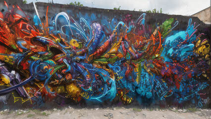 Multicolored Abstract Graffiti on the Wall, Multicolored Graphic Inscriptions on the Wall, Dragon, Woman, and Man Abstract Graffiti Wallpaper Background	