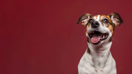A close-up portrait of a Jack Russell Terrier with its tongue out, looking up against a solid red background.