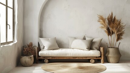 Lounge decor with sofa and woven container.