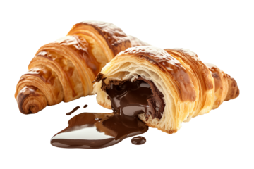 Freshly baked chocolate croissants, melted chocolate filling, isolated on white transparent background, making for breakfast