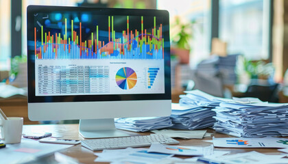 On the desk sits a computer monitor showing a pie chart, a key tool for data visualization