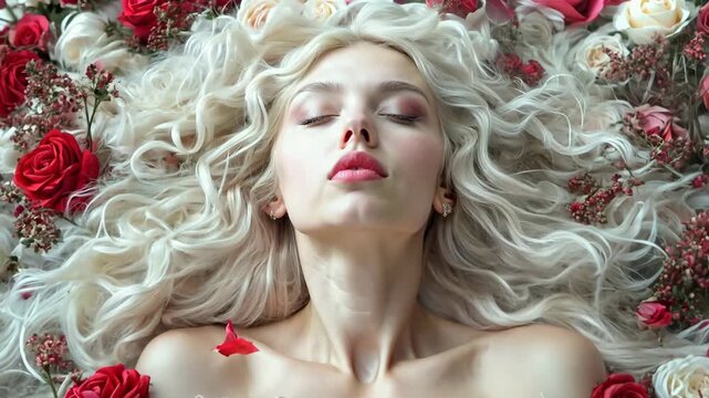 Animation of fairy princess with long hair in elegant dress in flowers. Romantic fantasy portrait of medieval queen. Beautiful nymph or elf girl in spring garden. Beauty and passion. Fairy tail
