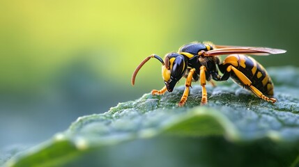 Close-up of a yellowjacket wasp perched on a leaf.