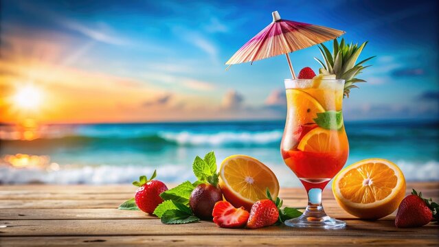 Vibrant summer beach cocktail named Apollo Chaos with tropical fruits and umbrella, beach, cocktail, summer, tropical