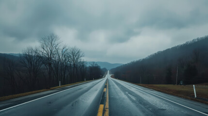 A long, empty road winds through a dense forest under a cloudy sky.  The road is gray and the forest is dark, creating a moody atmosphere.