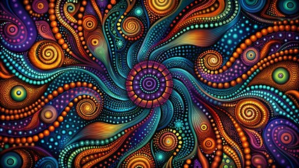 The image showcases a vibrant and intricate abstract pattern composed of swirling lines, dots, and shapes in various colors. 