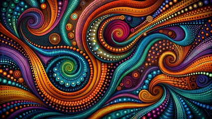 The image showcases a vibrant and intricate abstract pattern composed of swirling lines, dots, and shapes in various colors. 