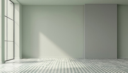 Fototapeta premium The room is devoid of furniture, with only a window and striped flooring present