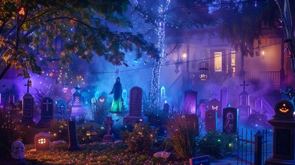 Obraz premium Enchanting Halloween Night in a Spooky Backyard Graveyard With Colorful Lights