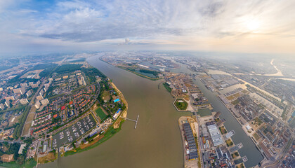 Antwerp, Belgium. Panorama of the city. River Scheldt (Escout). Summer morning. Aerial view