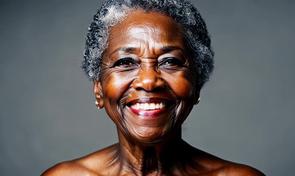Portrait of smiling senior african american woman on grey background