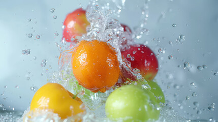 A close-up image of a variety of fresh fruit, including apples and an orange, splashing in water droplets against a soft blue background.