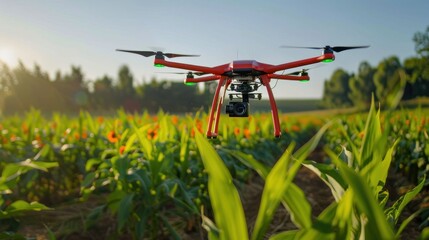 Drone Flying Over a Field of Crops