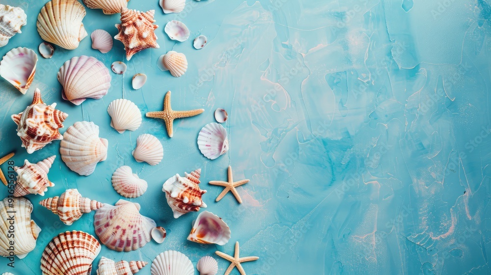 Sticker Summer travel backdrop with seashells. Text space.