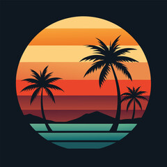 Golden Sunset Behind Silhouette Palm Trees or coconut trees on the Beach for t-shirt design  