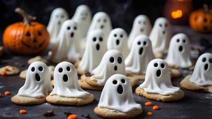 Halloween food bakery bake baking background for photography - close-up of numerous eerie ghost cookies on a dark table