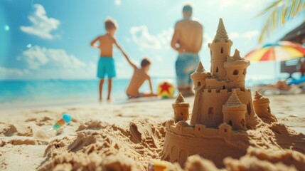 Colorful cinematic sand castle on the beach in the afternoon with son and father playing together in summer. Children's toys are displayed in the background