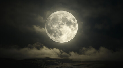 Bright Full Moon in Dark Cloudy Night Sky Illuminating the Landscape