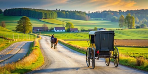 Amish buggy traveling on a peaceful rural road, Amish, buggy, horse-drawn, carriage, countryside, rural