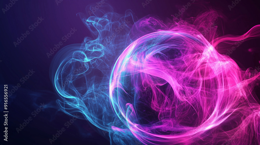 Poster glowing pink and blue smoke forming a vibrant spherical shape against a dark purple background, with