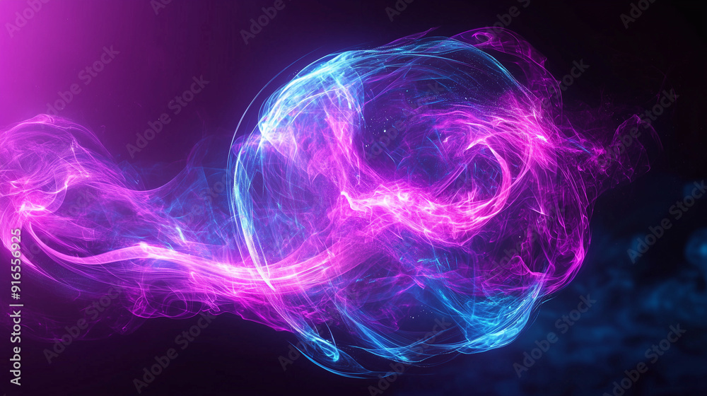 Poster glowing pink and blue smoke forming a vibrant spherical shape against a dark purple background, with