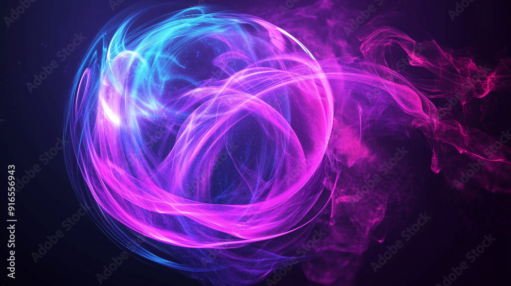 Poster glowing pink and blue smoke forming a vibrant spherical shape against a dark purple background, with