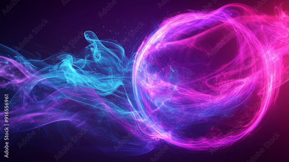 Poster glowing pink and blue smoke forming a vibrant spherical shape against a dark purple background, with