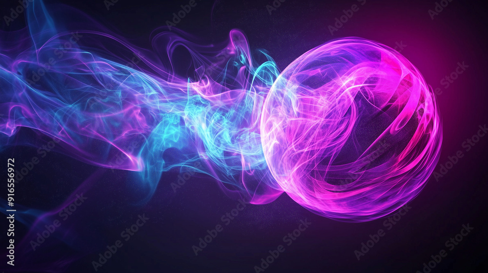 Poster Glowing pink and blue smoke forming a vibrant spherical shape against a dark purple background, with swirling light effects and energy flow, creating a captivating abstract visual in deep space.