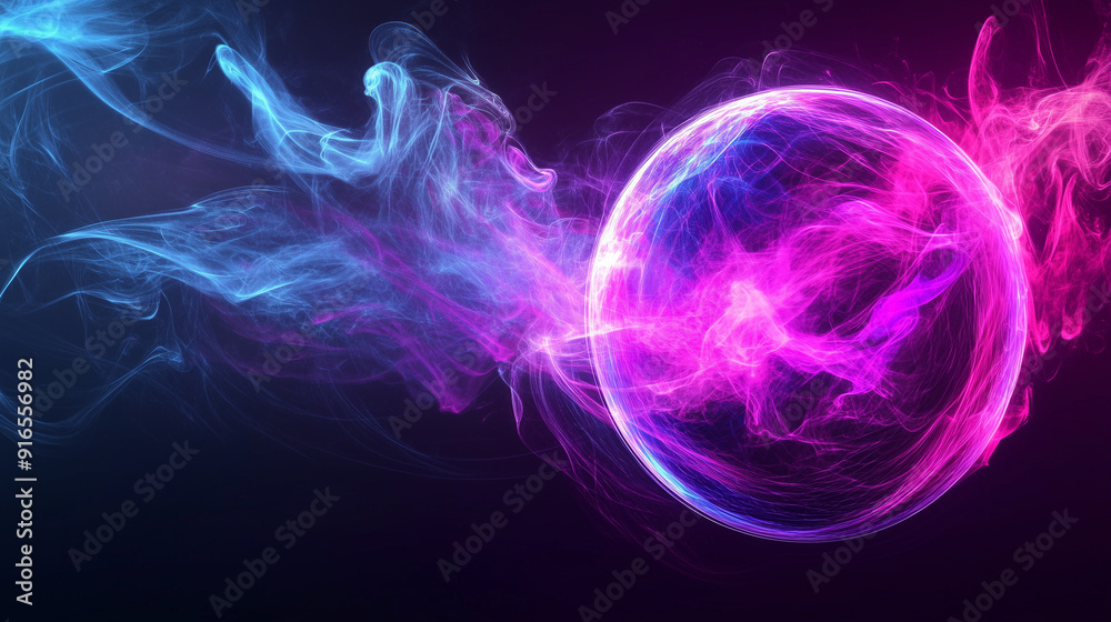 Poster glowing pink and blue smoke forming a vibrant spherical shape against a dark purple background, with