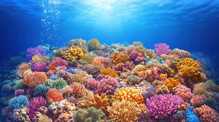 Vibrant Underwater Coral Reef Ecosystem in Sunlit Ocean Waters Showcasing Diverse Marine Life and Rich Biodiversity