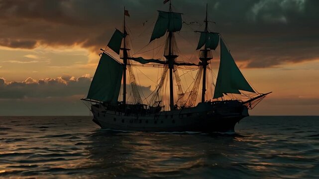 sailing ship in the sunset ship, sea, boat, sail, sailing, sailboat, ocean,  colorful lights HD resolution with hyper realistic 4K Background.