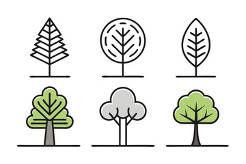 Minimalist Tree Icons Line Art, Outline, and Black Silhouette Vector Illustrations