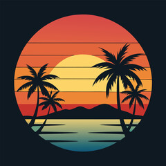 Golden Sunset Behind Silhouette Palm Trees or coconut trees on the Beach for t-shirt design  