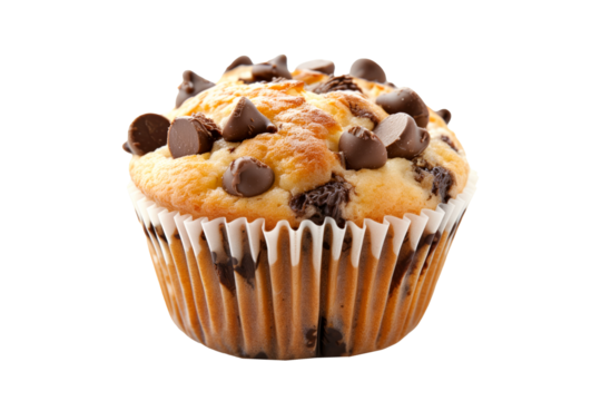 A freshly baked and fluffy chocolate muffin or cupcake isolated on white transparent background, beautifully topped with delightful sweet choco flakes