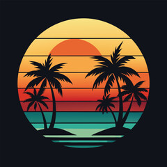 Obraz premium Golden Sunset Behind Silhouette Palm Trees or coconut trees on the Beach for t-shirt design 