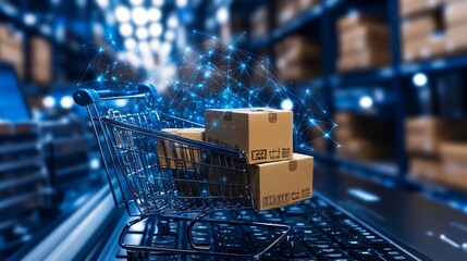 A digital shopping cart with packages in a modern warehouse, showcasing online shopping and logistics in a high-tech environment.