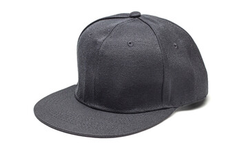side angle view of plain, empty, blank snapback cap. black coloured hat. isolated in white background.