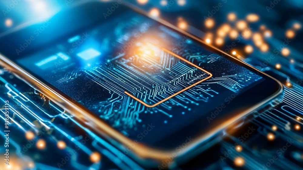 Poster close-up of a smartphone displaying intricate circuit board patterns, illustrating advanced technolo