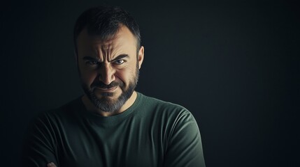 Fototapeta premium A man looks confidently with a smirk and raised eyebrow in a dark space