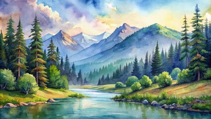 Mountain landscape with river and forested slopes in watercolor style, mountain, vista, river, forest, slopes