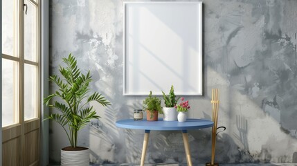 Scandinavian hipster room: Text-ready white frame, blue table with potted flower