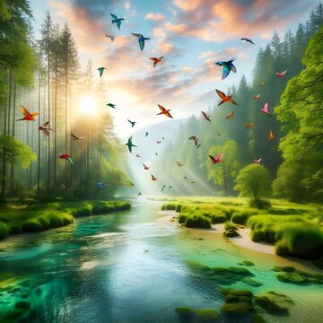 landscape birds flying with lake and forest beckground